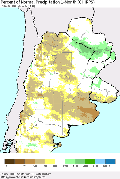 Southern South America Percent of Normal Precipitation 1-Month (CHIRPS) Thematic Map For 11/26/2020 - 12/25/2020
