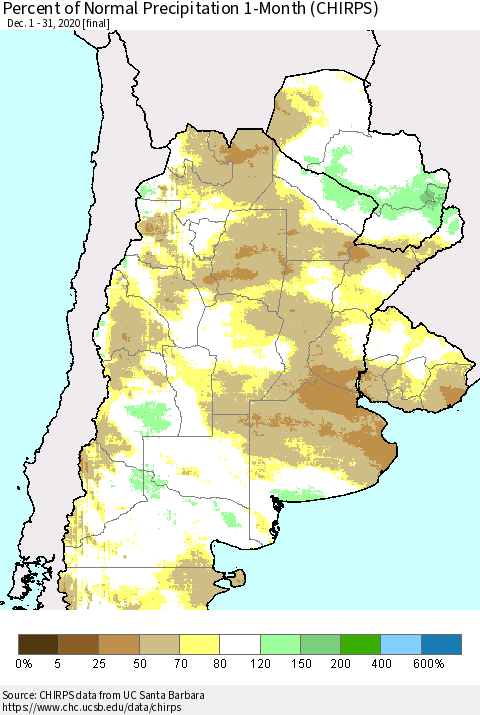 Southern South America Percent of Normal Precipitation 1-Month (CHIRPS) Thematic Map For 12/1/2020 - 12/31/2020