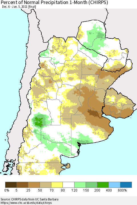 Southern South America Percent of Normal Precipitation 1-Month (CHIRPS) Thematic Map For 12/6/2020 - 1/5/2021
