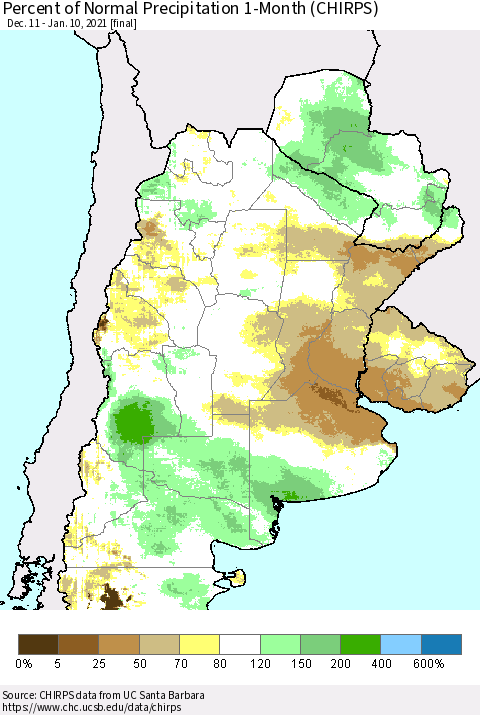 Southern South America Percent of Normal Precipitation 1-Month (CHIRPS) Thematic Map For 12/11/2020 - 1/10/2021