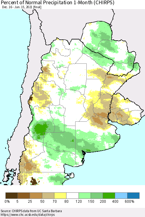 Southern South America Percent of Normal Precipitation 1-Month (CHIRPS) Thematic Map For 12/16/2020 - 1/15/2021