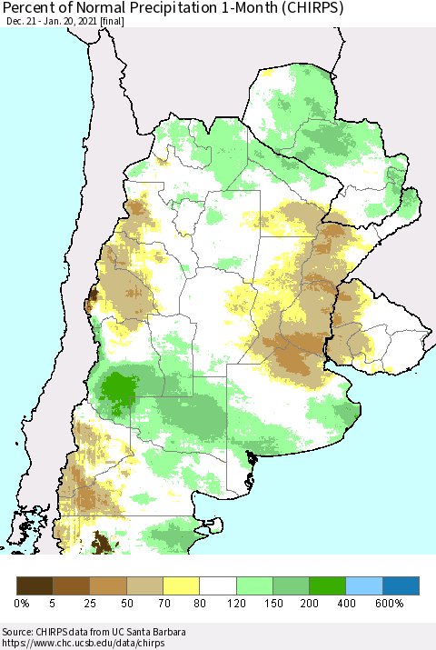 Southern South America Percent of Normal Precipitation 1-Month (CHIRPS) Thematic Map For 12/21/2020 - 1/20/2021