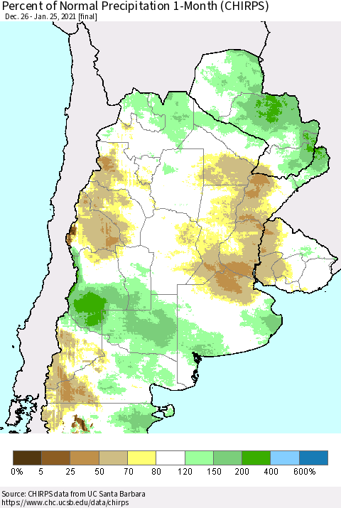 Southern South America Percent of Normal Precipitation 1-Month (CHIRPS) Thematic Map For 12/26/2020 - 1/25/2021