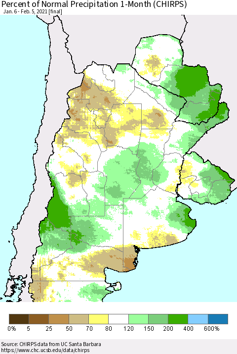 Southern South America Percent of Normal Precipitation 1-Month (CHIRPS) Thematic Map For 1/6/2021 - 2/5/2021