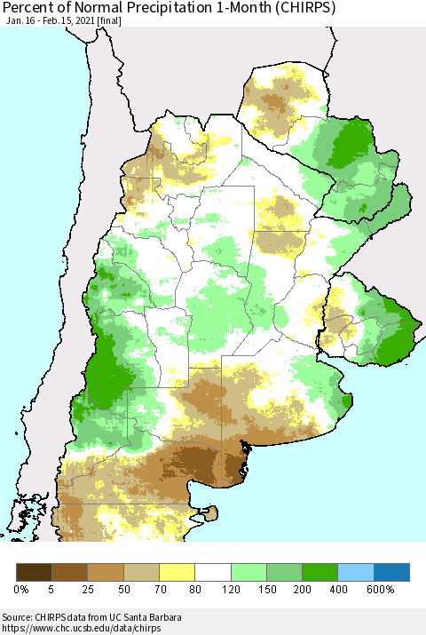 Southern South America Percent of Normal Precipitation 1-Month (CHIRPS) Thematic Map For 1/16/2021 - 2/15/2021