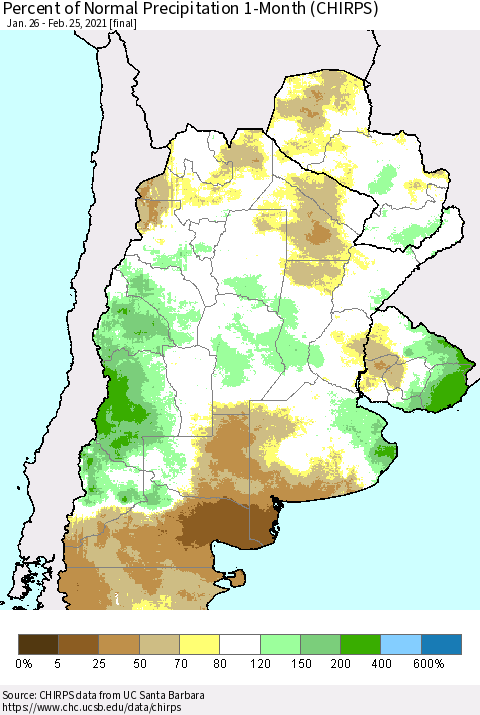 Southern South America Percent of Normal Precipitation 1-Month (CHIRPS) Thematic Map For 1/26/2021 - 2/25/2021