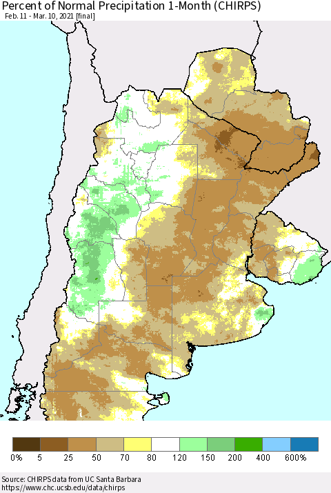 Southern South America Percent of Normal Precipitation 1-Month (CHIRPS) Thematic Map For 2/11/2021 - 3/10/2021