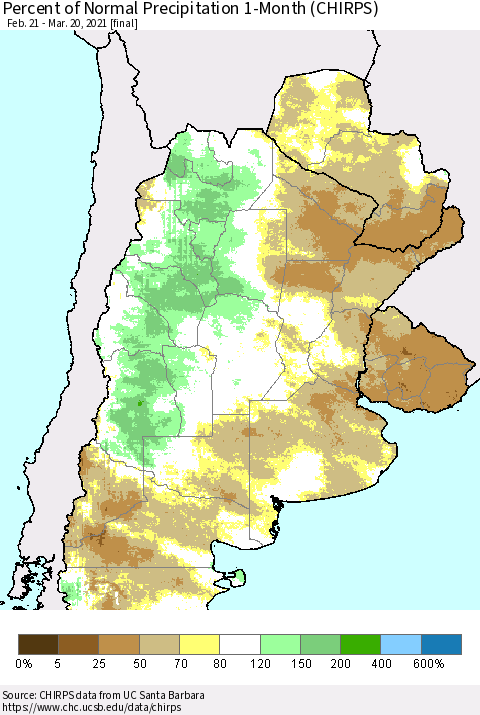Southern South America Percent of Normal Precipitation 1-Month (CHIRPS) Thematic Map For 2/21/2021 - 3/20/2021