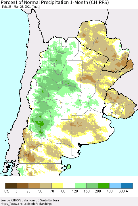 Southern South America Percent of Normal Precipitation 1-Month (CHIRPS) Thematic Map For 2/26/2021 - 3/25/2021