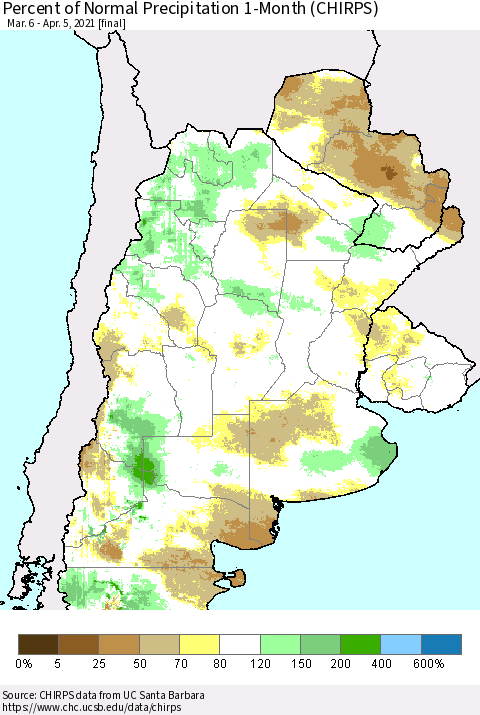Southern South America Percent of Normal Precipitation 1-Month (CHIRPS) Thematic Map For 3/6/2021 - 4/5/2021