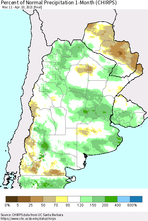 Southern South America Percent of Normal Precipitation 1-Month (CHIRPS) Thematic Map For 3/11/2021 - 4/10/2021