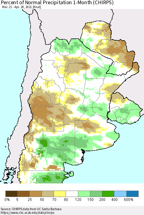 Southern South America Percent of Normal Precipitation 1-Month (CHIRPS) Thematic Map For 3/21/2021 - 4/20/2021