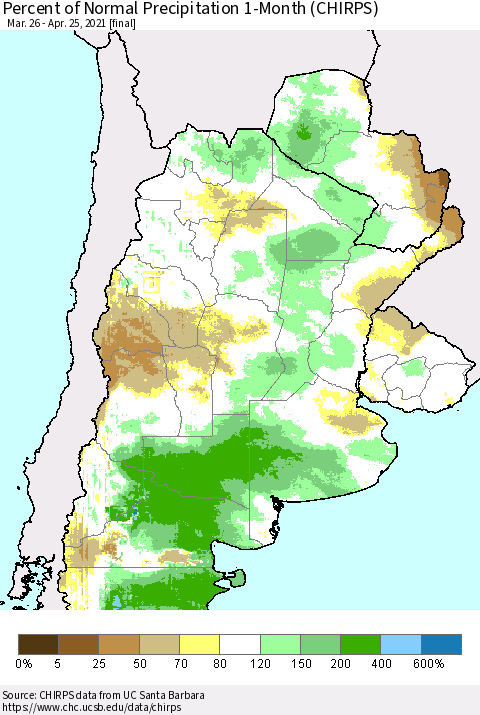 Southern South America Percent of Normal Precipitation 1-Month (CHIRPS) Thematic Map For 3/26/2021 - 4/25/2021