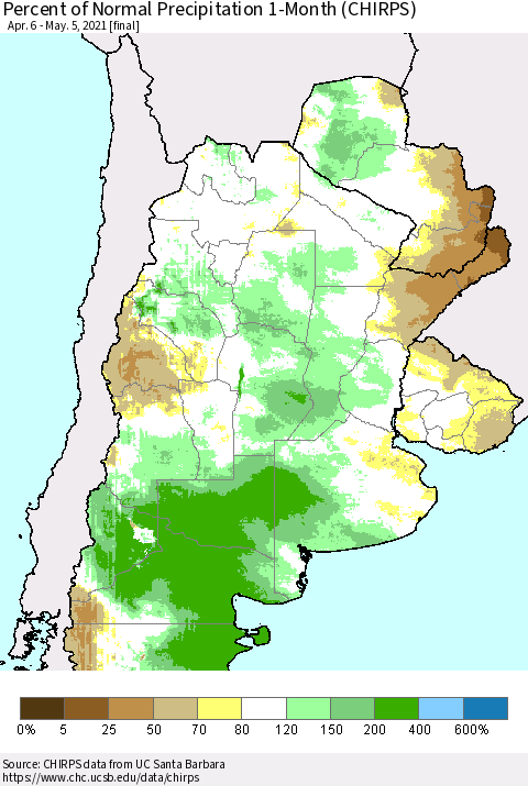 Southern South America Percent of Normal Precipitation 1-Month (CHIRPS) Thematic Map For 4/6/2021 - 5/5/2021