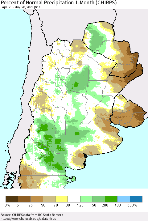 Southern South America Percent of Normal Precipitation 1-Month (CHIRPS) Thematic Map For 4/21/2021 - 5/20/2021