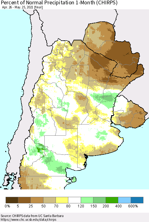 Southern South America Percent of Normal Precipitation 1-Month (CHIRPS) Thematic Map For 4/26/2021 - 5/25/2021