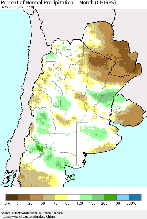 Southern South America Percent of Normal Precipitation 1-Month (CHIRPS) Thematic Map For 5/1/2021 - 5/31/2021