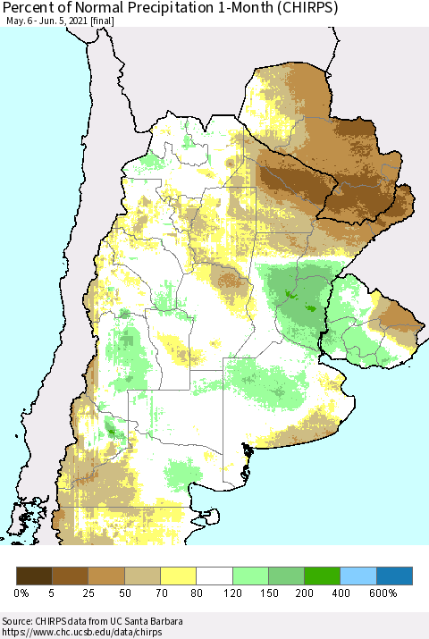 Southern South America Percent of Normal Precipitation 1-Month (CHIRPS) Thematic Map For 5/6/2021 - 6/5/2021