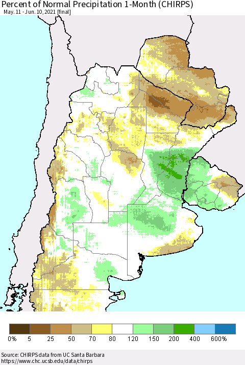 Southern South America Percent of Normal Precipitation 1-Month (CHIRPS) Thematic Map For 5/11/2021 - 6/10/2021