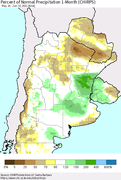 Southern South America Percent of Normal Precipitation 1-Month (CHIRPS) Thematic Map For 5/16/2021 - 6/15/2021