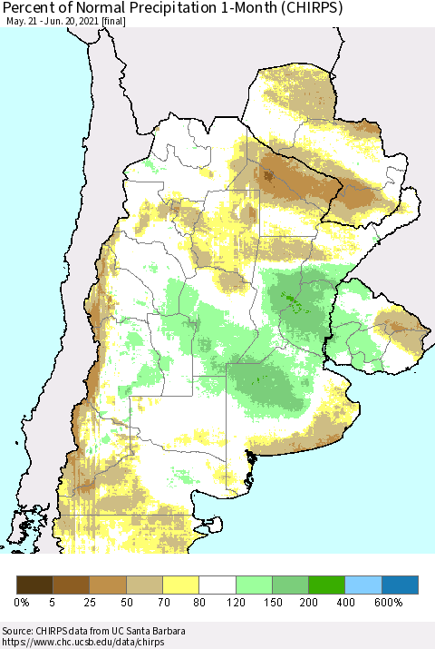 Southern South America Percent of Normal Precipitation 1-Month (CHIRPS) Thematic Map For 5/21/2021 - 6/20/2021
