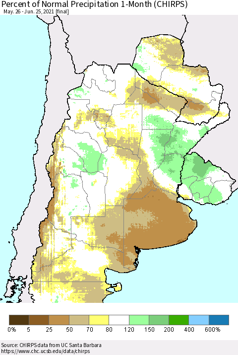 Southern South America Percent of Normal Precipitation 1-Month (CHIRPS) Thematic Map For 5/26/2021 - 6/25/2021