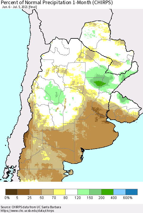 Southern South America Percent of Normal Precipitation 1-Month (CHIRPS) Thematic Map For 6/6/2021 - 7/5/2021