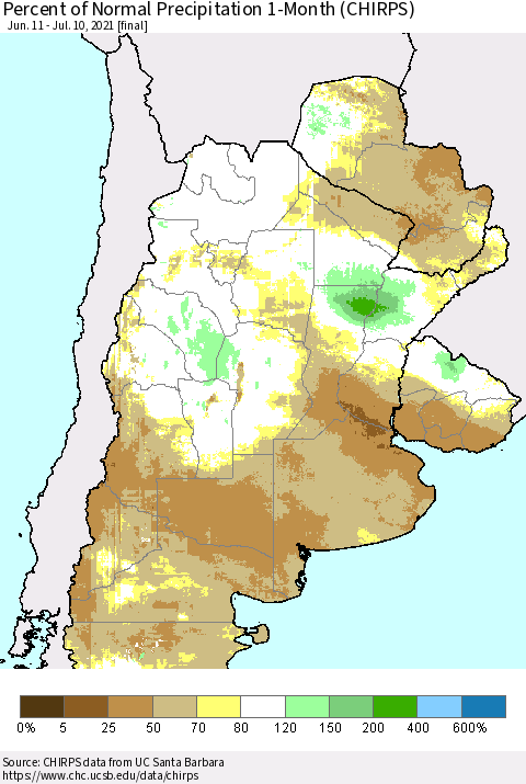 Southern South America Percent of Normal Precipitation 1-Month (CHIRPS) Thematic Map For 6/11/2021 - 7/10/2021