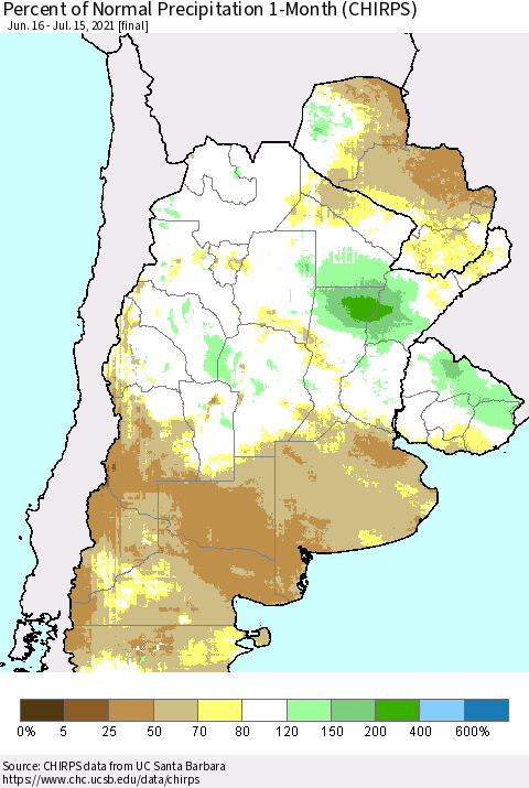 Southern South America Percent of Normal Precipitation 1-Month (CHIRPS) Thematic Map For 6/16/2021 - 7/15/2021