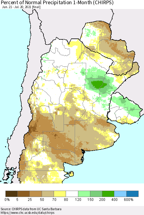 Southern South America Percent of Normal Precipitation 1-Month (CHIRPS) Thematic Map For 6/21/2021 - 7/20/2021