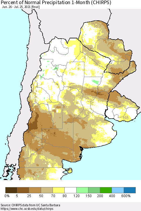 Southern South America Percent of Normal Precipitation 1-Month (CHIRPS) Thematic Map For 6/26/2021 - 7/25/2021