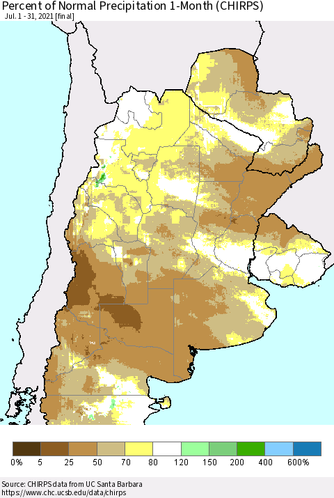Southern South America Percent of Normal Precipitation 1-Month (CHIRPS) Thematic Map For 7/1/2021 - 7/31/2021