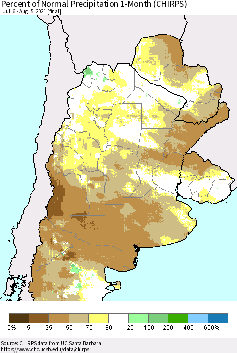 Southern South America Percent of Normal Precipitation 1-Month (CHIRPS) Thematic Map For 7/6/2021 - 8/5/2021