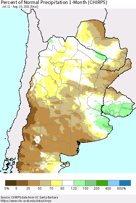 Southern South America Percent of Normal Precipitation 1-Month (CHIRPS) Thematic Map For 7/11/2021 - 8/10/2021