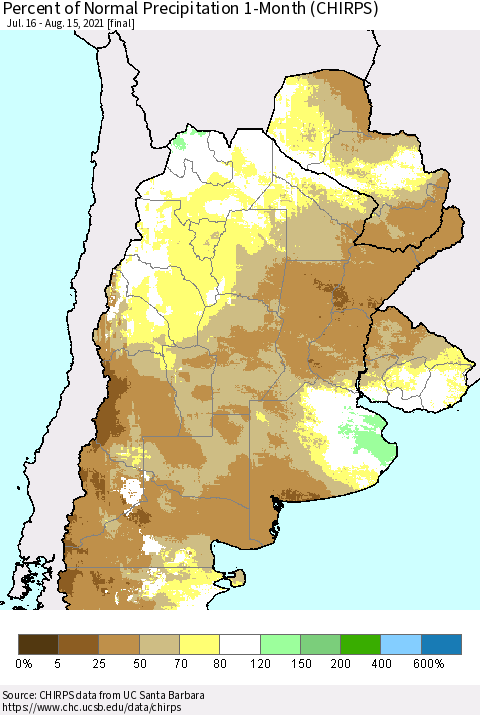 Southern South America Percent of Normal Precipitation 1-Month (CHIRPS) Thematic Map For 7/16/2021 - 8/15/2021