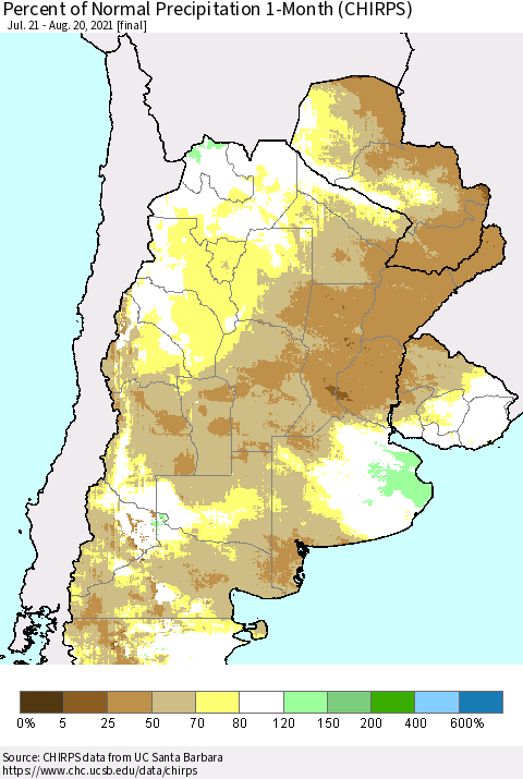 Southern South America Percent of Normal Precipitation 1-Month (CHIRPS) Thematic Map For 7/21/2021 - 8/20/2021