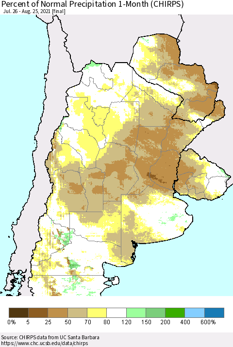 Southern South America Percent of Normal Precipitation 1-Month (CHIRPS) Thematic Map For 7/26/2021 - 8/25/2021