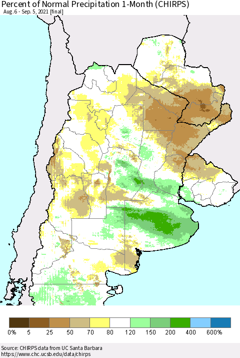 Southern South America Percent of Normal Precipitation 1-Month (CHIRPS) Thematic Map For 8/6/2021 - 9/5/2021
