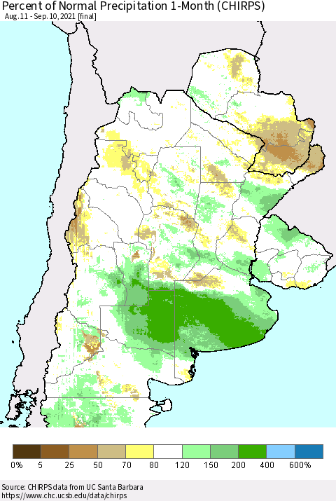 Southern South America Percent of Normal Precipitation 1-Month (CHIRPS) Thematic Map For 8/11/2021 - 9/10/2021