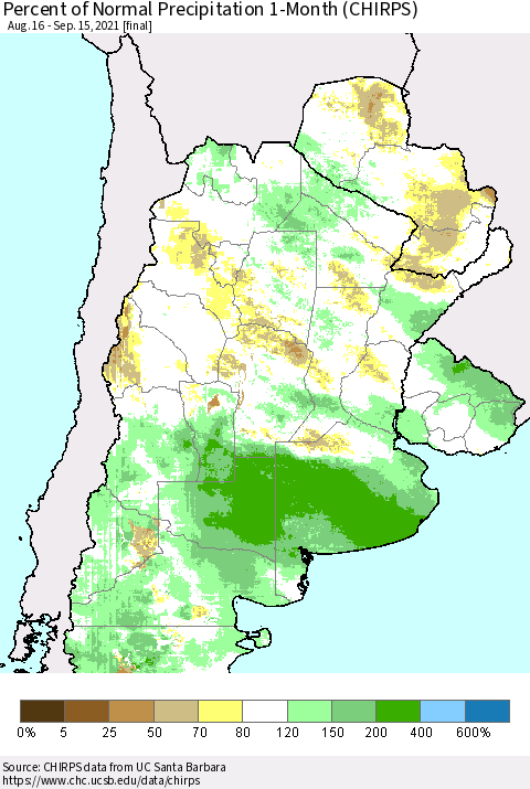 Southern South America Percent of Normal Precipitation 1-Month (CHIRPS) Thematic Map For 8/16/2021 - 9/15/2021