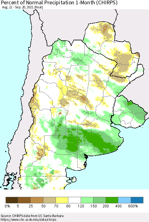 Southern South America Percent of Normal Precipitation 1-Month (CHIRPS) Thematic Map For 8/21/2021 - 9/20/2021