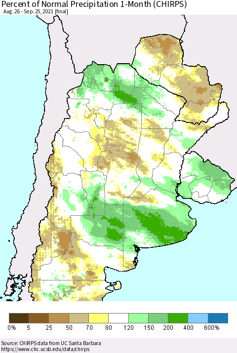 Southern South America Percent of Normal Precipitation 1-Month (CHIRPS) Thematic Map For 8/26/2021 - 9/25/2021