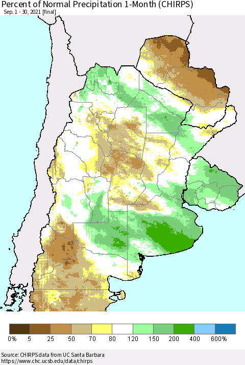Southern South America Percent of Normal Precipitation 1-Month (CHIRPS) Thematic Map For 9/1/2021 - 9/30/2021