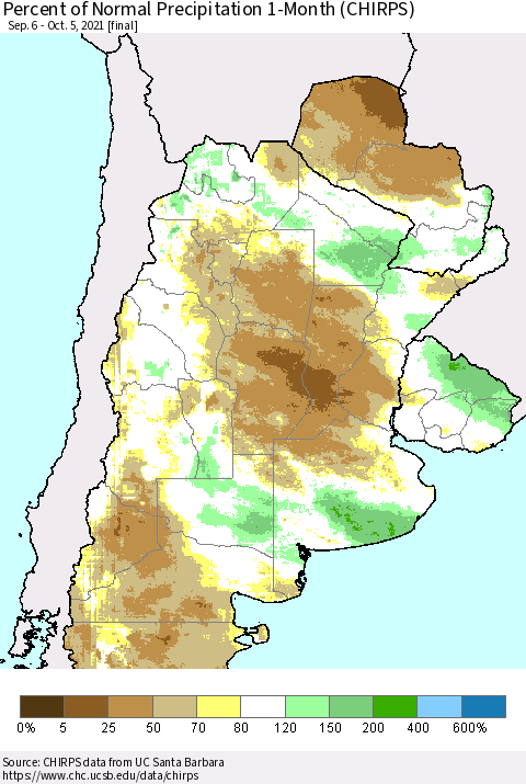 Southern South America Percent of Normal Precipitation 1-Month (CHIRPS) Thematic Map For 9/6/2021 - 10/5/2021