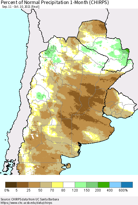 Southern South America Percent of Normal Precipitation 1-Month (CHIRPS) Thematic Map For 9/11/2021 - 10/10/2021