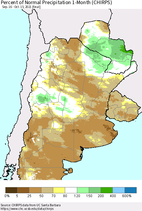 Southern South America Percent of Normal Precipitation 1-Month (CHIRPS) Thematic Map For 9/16/2021 - 10/15/2021