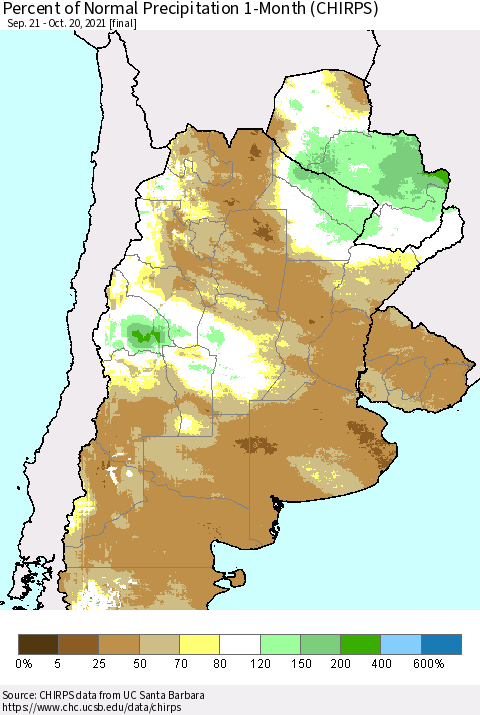 Southern South America Percent of Normal Precipitation 1-Month (CHIRPS) Thematic Map For 9/21/2021 - 10/20/2021