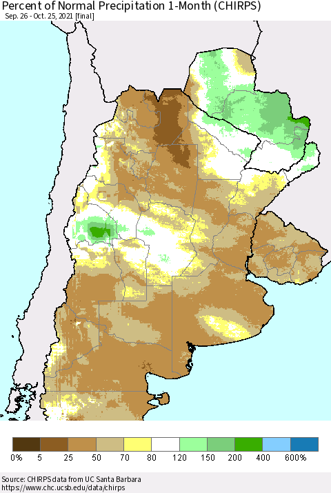 Southern South America Percent of Normal Precipitation 1-Month (CHIRPS) Thematic Map For 9/26/2021 - 10/25/2021