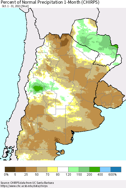 Southern South America Percent of Normal Precipitation 1-Month (CHIRPS) Thematic Map For 10/1/2021 - 10/31/2021