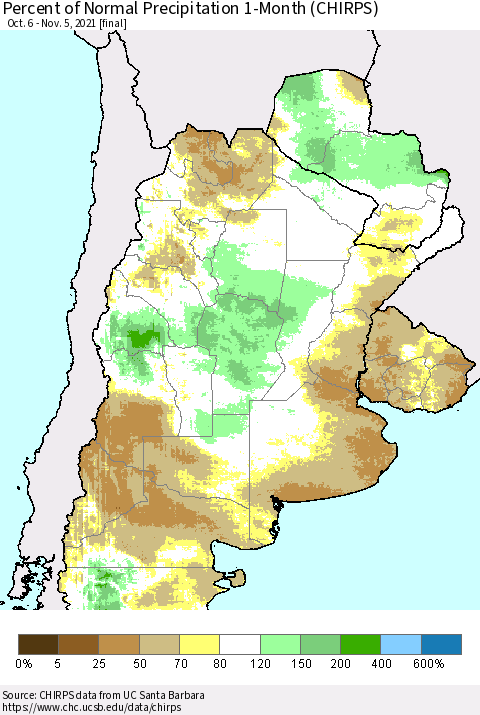 Southern South America Percent of Normal Precipitation 1-Month (CHIRPS) Thematic Map For 10/6/2021 - 11/5/2021